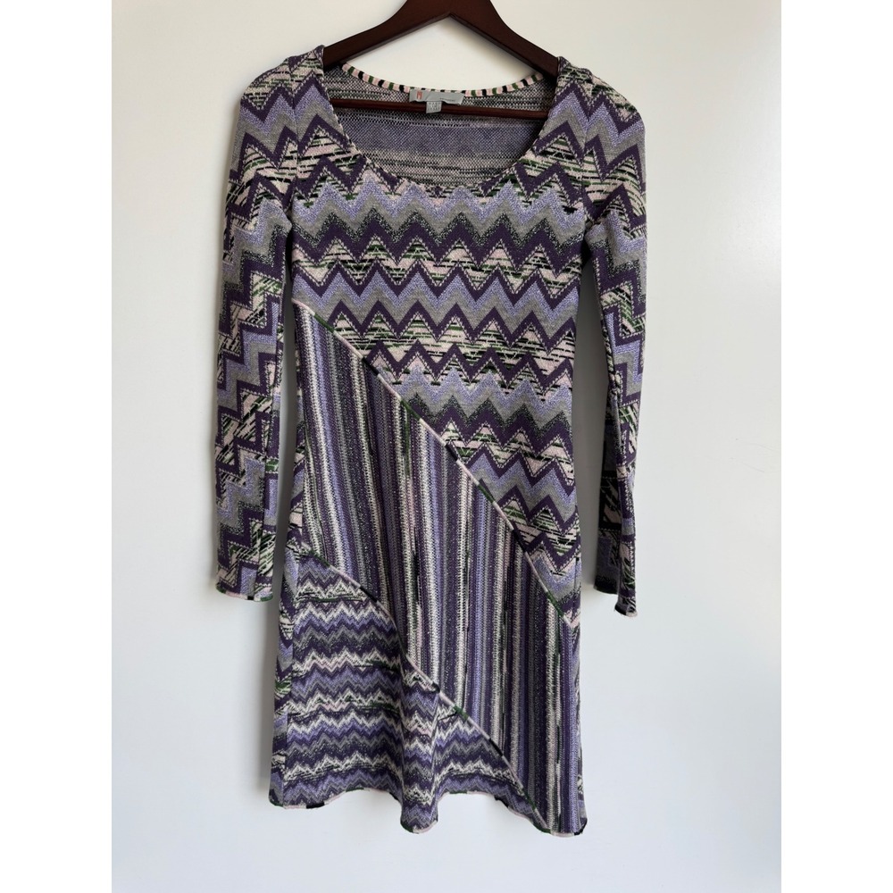 Missoni Purple Zigzag Metallic Knit Wool Long Sleeve Dress Made Italy 2 luxury